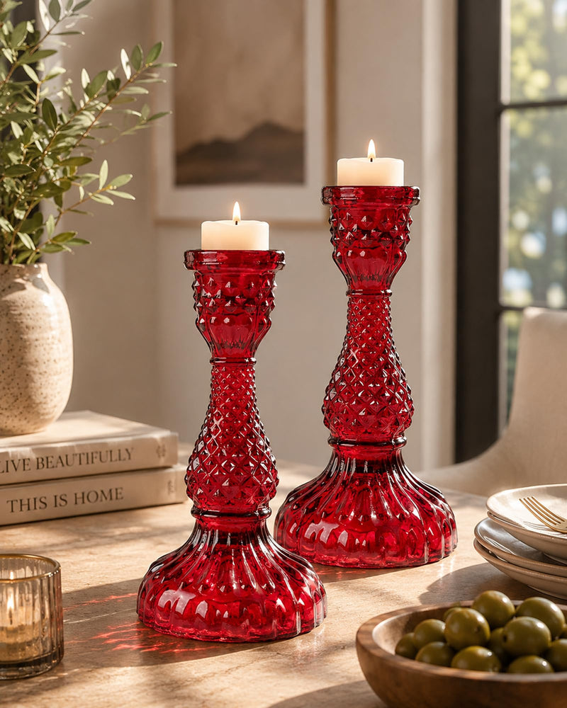 Homesake® Vintage Red Glass Taper Candle Holder Set of 2 for Home Décor, Dining Table Centerpiece, Living Room, Diwali Decor, Wedding & Festive Decoration
