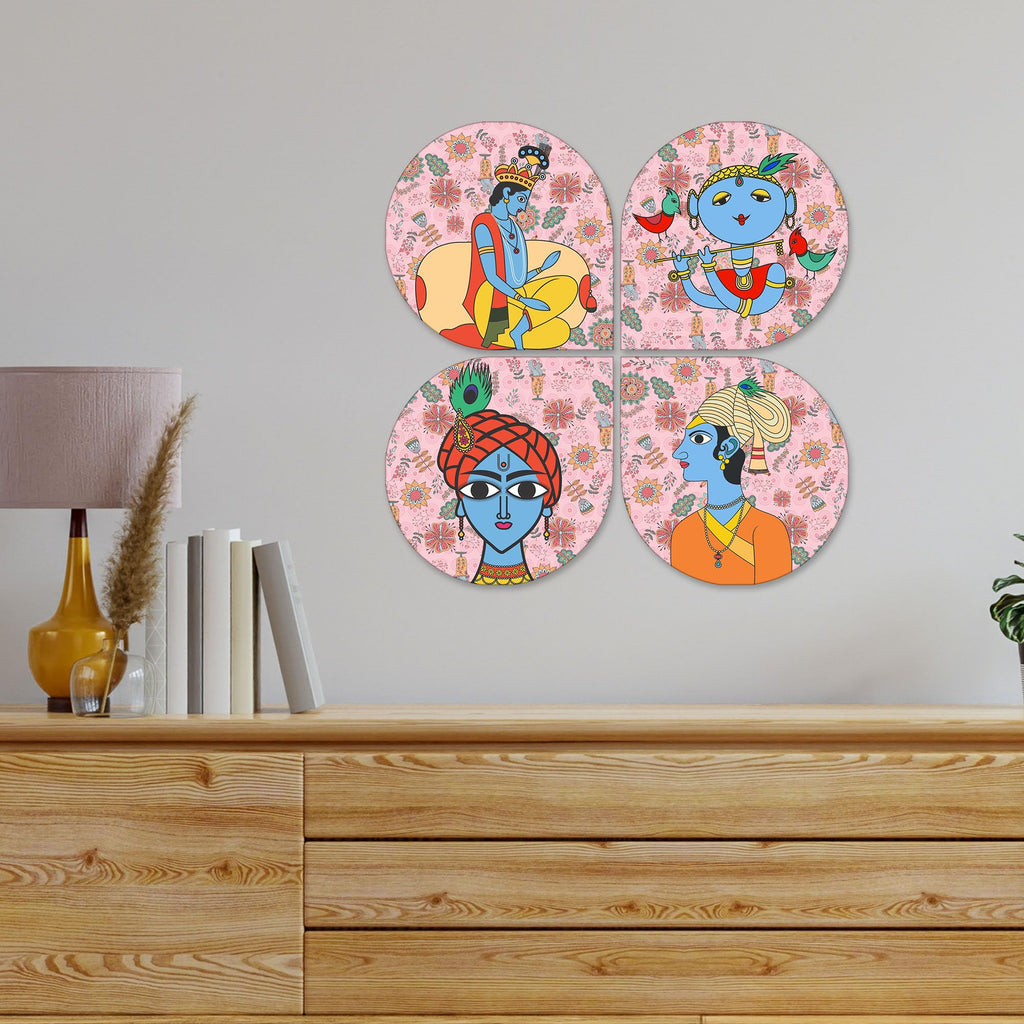 Artvibes Spiritual Krishna Folk Wooden Art Decoration Item for Living Room | Wall Sculpture | Signs & Plaques | Modern Decor Artwork | Wall Poster | Handcrafted Art | Unique Gift (WH_8426N), Set of 4