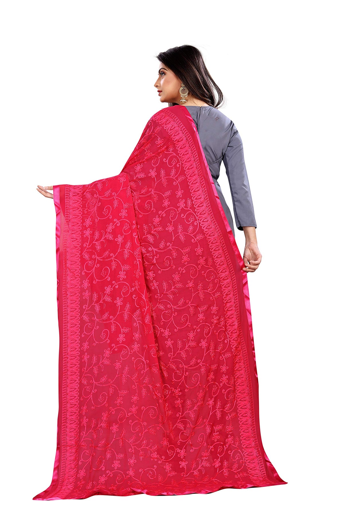 AKSHAR LLC Miss India Women's Chiffon Dupatta with Karachi Embroidery Work_027 (pink)