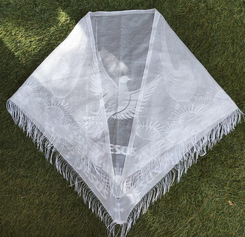 ELITE APRIL Triangle Church Prayer Veil, White, 48x34x25 Inches, Fringe Detail, Religious Head Scarf, Christian church scarf, Catholic mantilla for women.