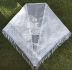 ELITE APRIL Triangle Church Prayer Veil, White, 48x34x25 Inches, Fringe Detail, Religious Head Scarf, Christian church scarf, Catholic mantilla for women.