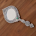 KridayKraft Beautifully Carved Round Shape Silver Plating Hand Mirror for Makeup, Travelling, Salon Mirror & Decorative Mirror Antique Item for Wedding Gifts.