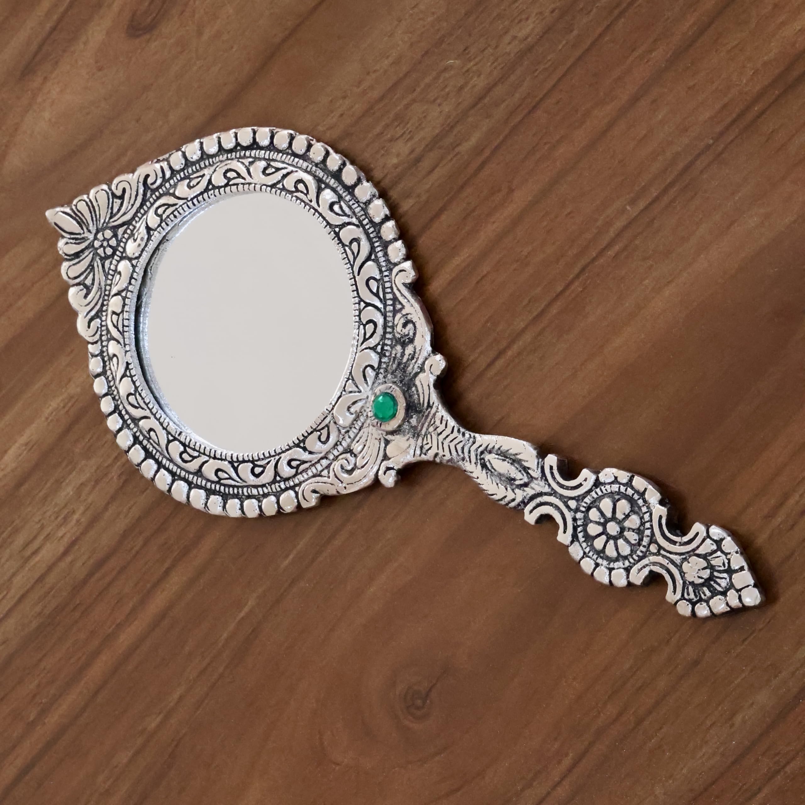 KridayKraft Beautifully Carved Round Shape Silver Plating Hand Mirror for Makeup, Travelling, Salon Mirror & Decorative Mirror Antique Item for Wedding Gifts.