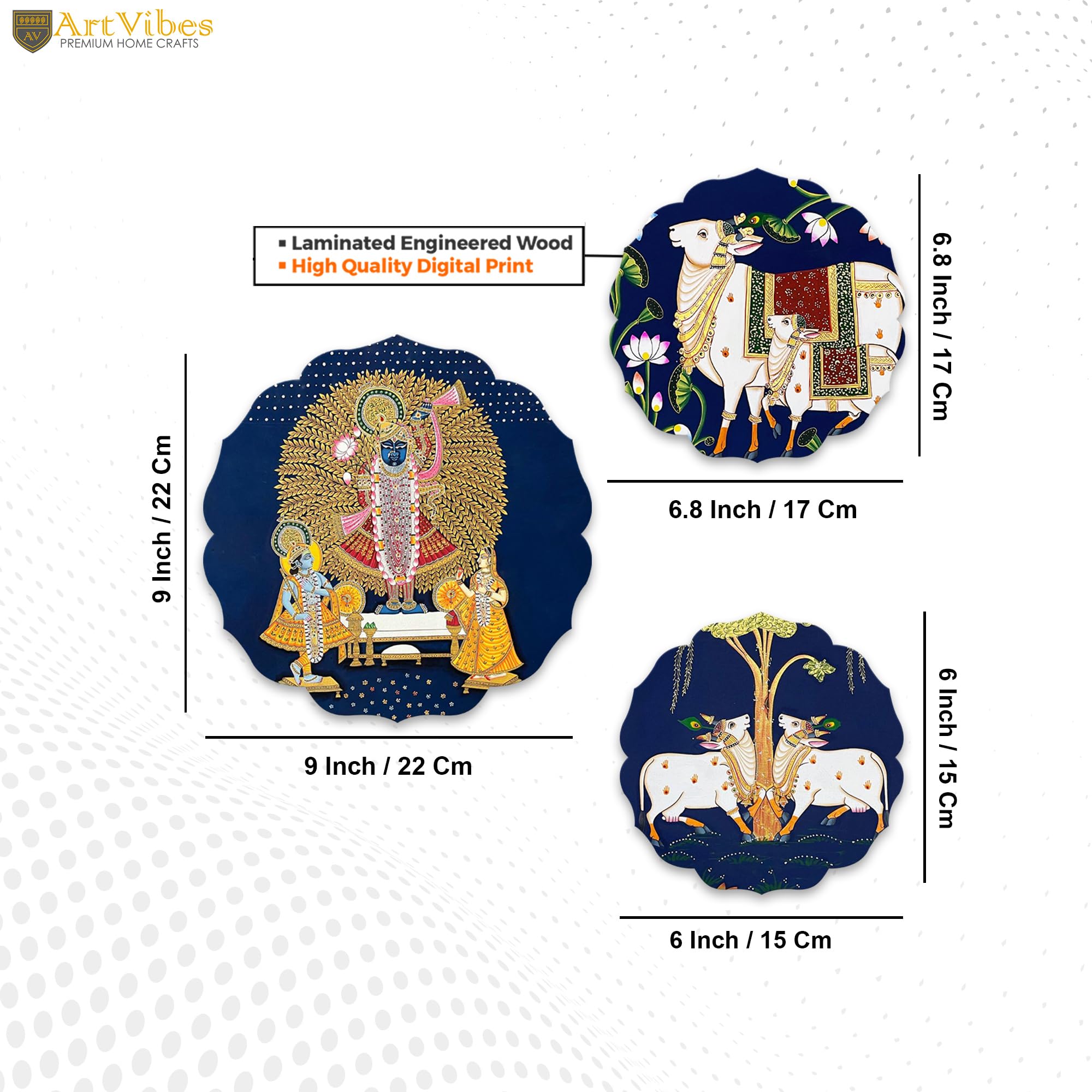 Artvibes Shrinath Ji & Sacred Cow Pichwai Art Round Shape MDF Wooden Wall Decor Items | Living Room | Handcrafted Art | Wall Illustrations | Art Prints | Aesthetic Wall Art | Gift (WH_8817N), Set of 3