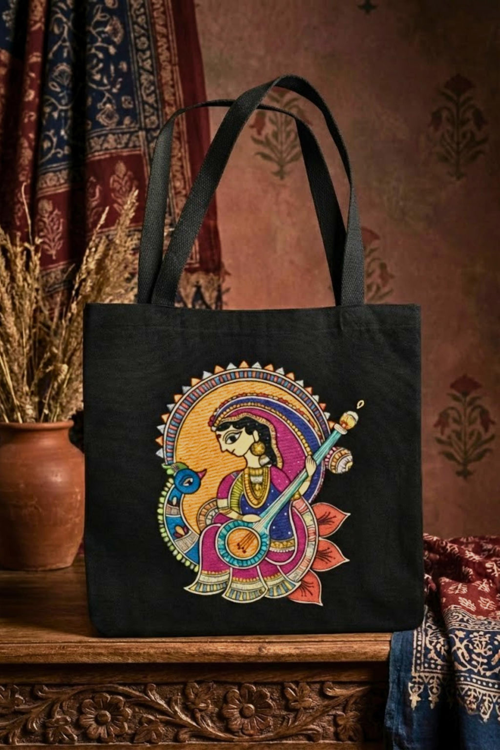 stilotee Women Cotton Tote Bag – Black Reusable Canvas Carry Bag with Goddess Saraswati Kalamkari Style Print | Traditional Indian Art Tote for College, Books, Shopping & Daily Use (black shaded)