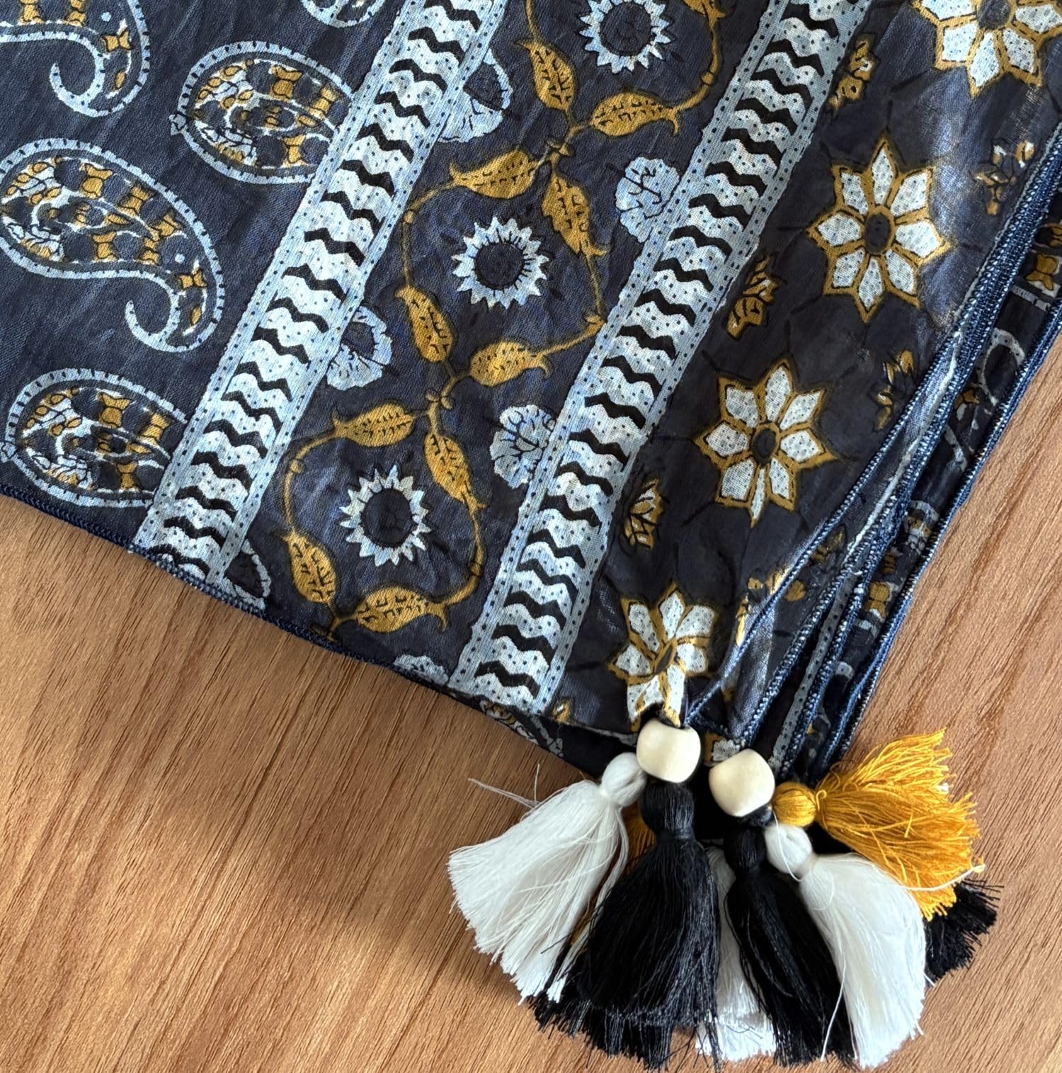 tweedle Pure Cotton Summer Scarf for Women,soft, Printed, Breathable Stole for Sun and Wind Protection - Black/Mustard