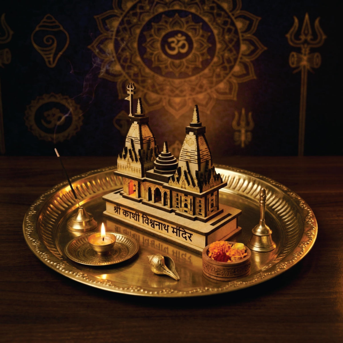 eXme Kashi Vishwanath Temple Wooden Model - Exquisite Pine MDF Craft Ideal for Gifting and Puja Spirituality and Home Decore and Pooja Room, 14 x 13 Cm