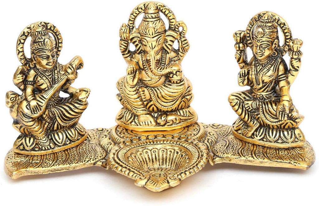 KridayKraft Laxmi Saraswati Idol Action Decorative Platter with Diya and Agarbatti Stand Diwali Gift,Metal,Standard,1 Piece