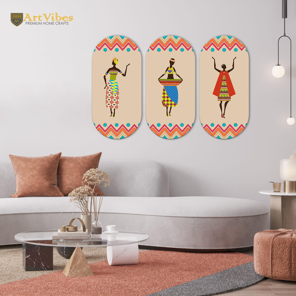 Artvibes African Women Dancing Warli Art Wooden Wall Hanger for Home | Office | Living Room | Gift | Modern Decoration Items | Kitchen Wall Decor | Artworks (WH_9011N), Set of 3