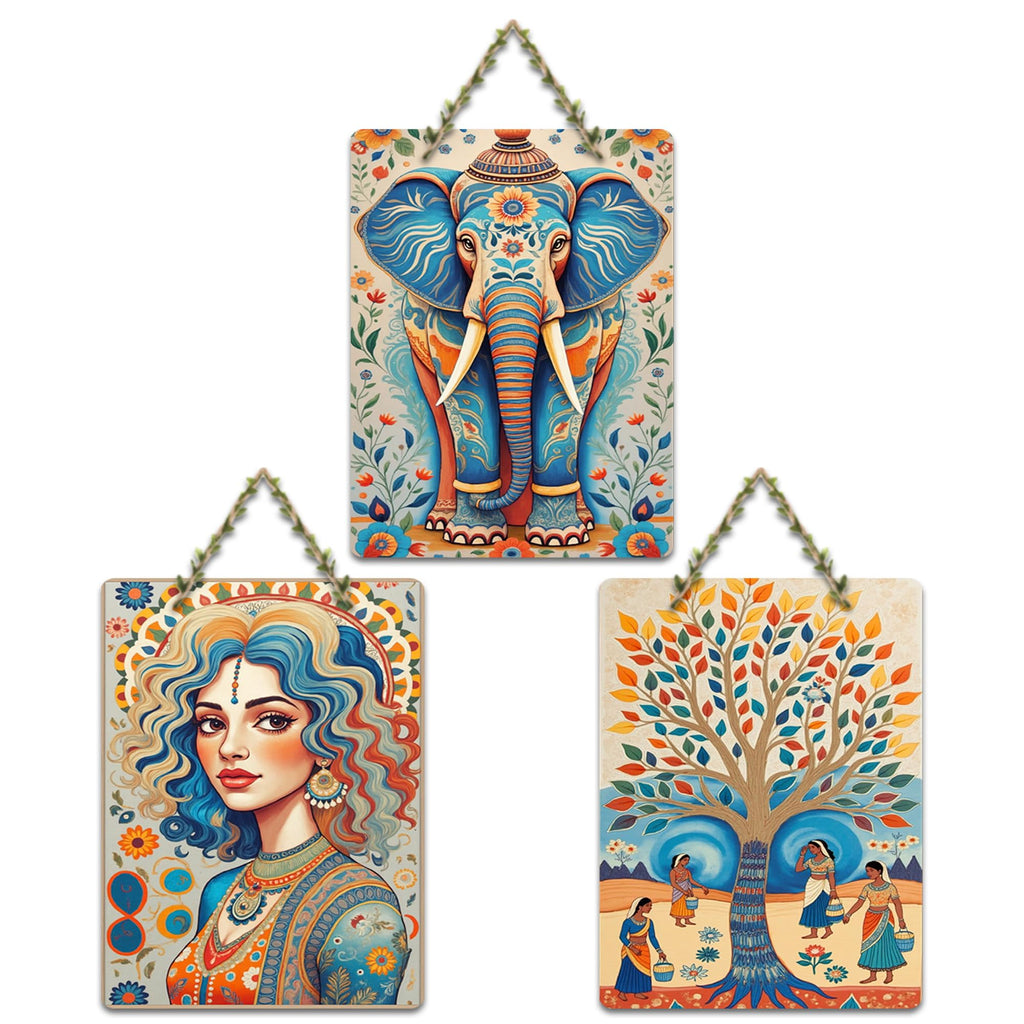 Artvibes Elephant Woman & Village Life Folk Art Decorative Wall Hanging Ornaments | Handcrafted Art | Festive Decor | Wall Illustrations | Paintings For Wall | Unique Gift (WH_9690N), Set of 3