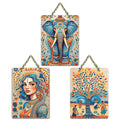 Artvibes Elephant Woman & Village Life Folk Art Decorative Wall Hanging Ornaments | Handcrafted Art | Festive Decor | Wall Illustrations | Paintings For Wall | Unique Gift (WH_9690N), Set of 3