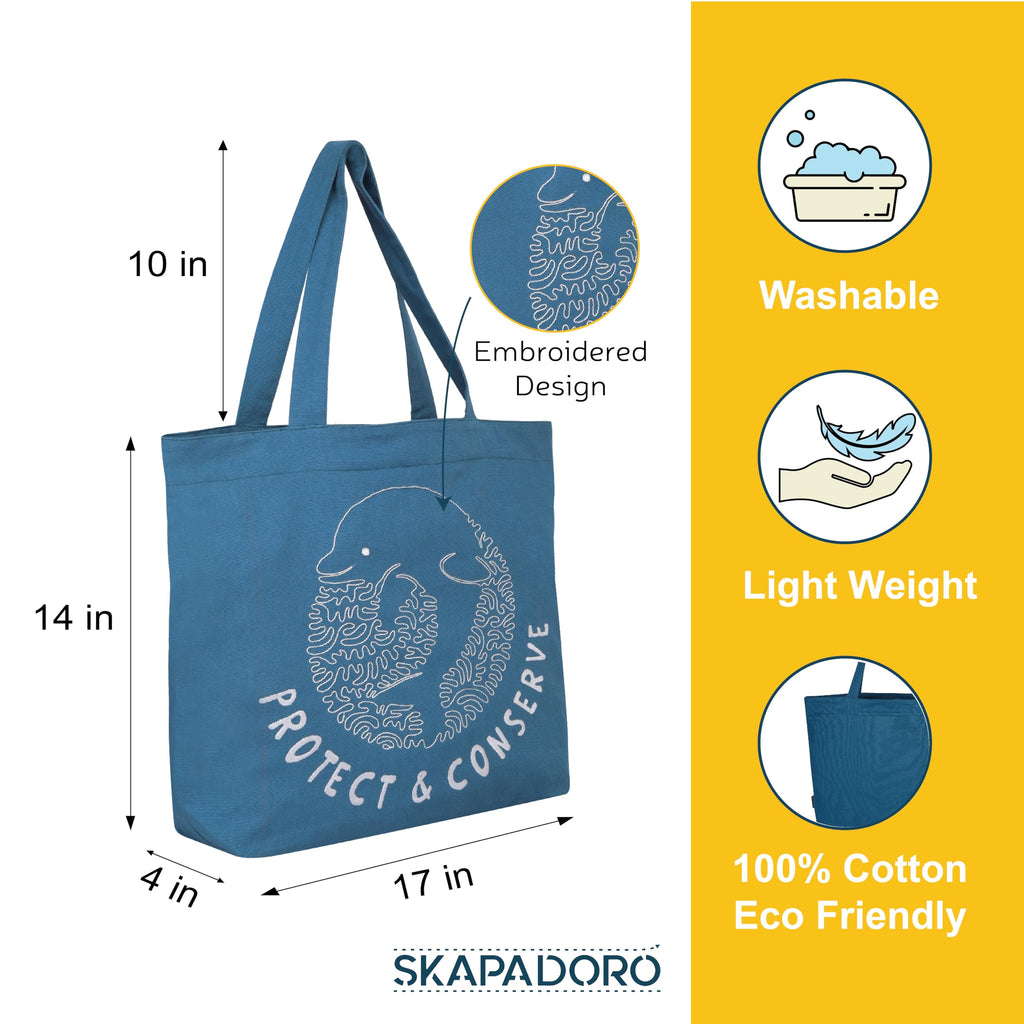 SKAPADORO Canvas Big Zip Handbag Tote,100% Cotton, Inner pocket, Unisex Embroidered Comfortable Bag for Travel Office Beach Shopping, Easy to Wash Trendy Everyday Shoulder Bag (Protect & Conserve)