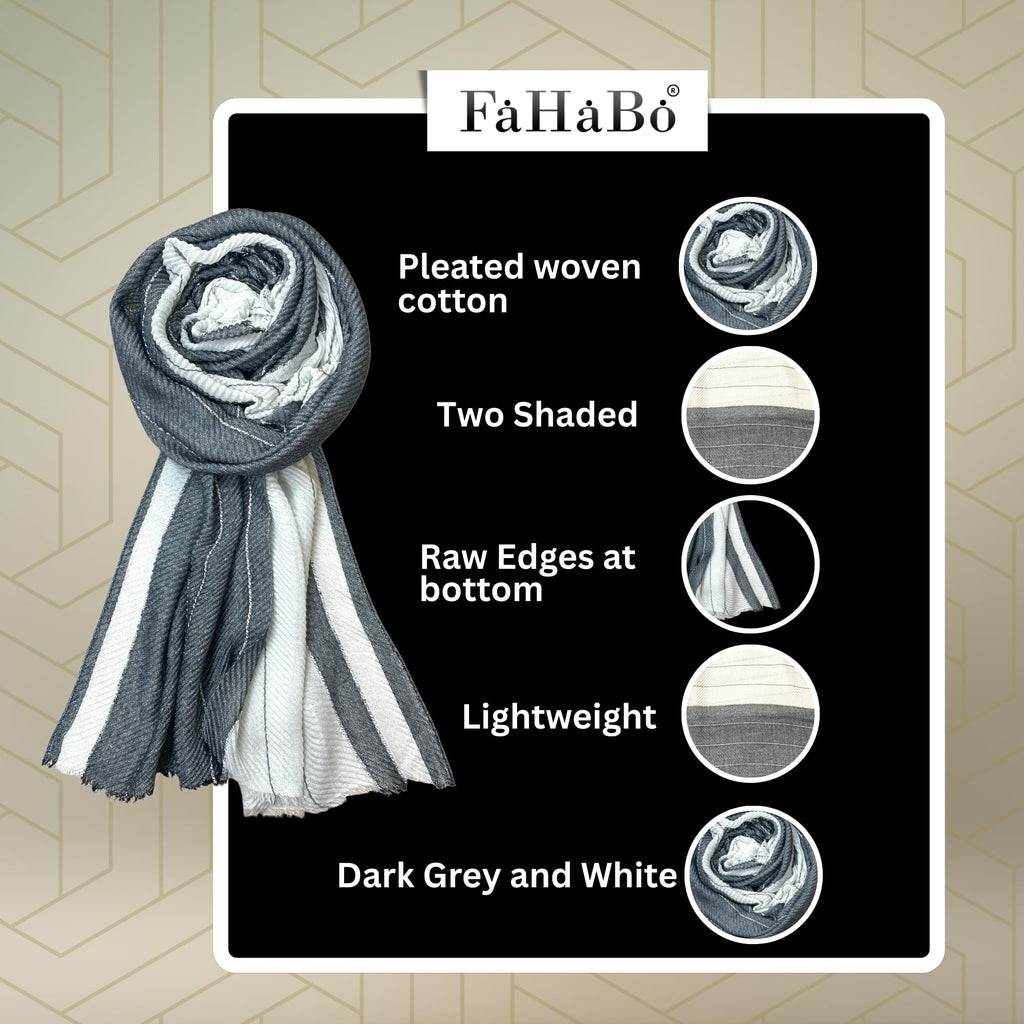 FAHABO Scarf for Women Stylish Pleated Cotton with Woven Border | Hijab Scarf | Stole | Soft, Lightweight, and Latest Scarves | 77 x 33 Inches (Dark Grey and White)