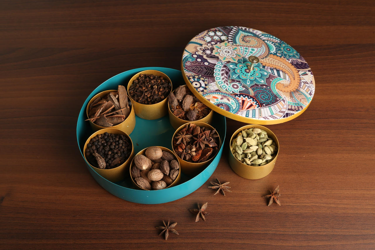 R Ayurveda Copper Metal Magnetic Steel Handcrafted Spice Box Set For Kitchen With Spoon (7 Containers, 40 Ml each) - Masala Box size 8 Inches diameter For Kitchen and Candy organization