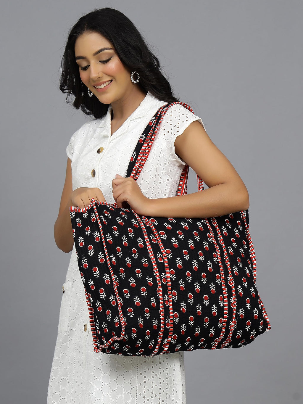 Ravaiyaa - Attitude is everything Women & Man Beautiful Printed Cotton Grocery Shopping Bag | Shoulder Bag | Cotton Tote Bag | Travel Tote Bags 18x5.5x16 Inch (Black Red Floral)