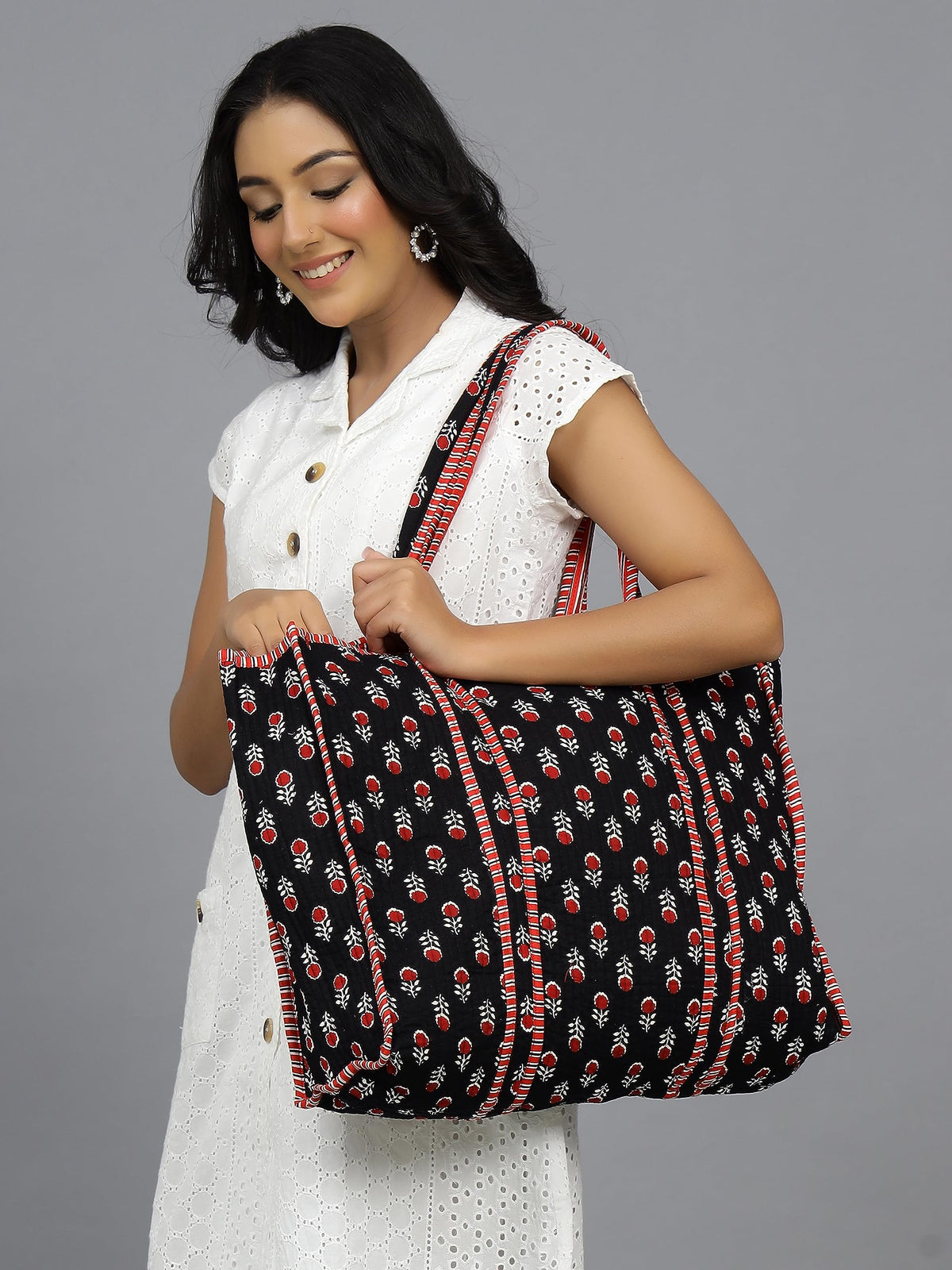 Ravaiyaa - Attitude is everything Women & Man Beautiful Printed Cotton Grocery Shopping Bag | Shoulder Bag | Cotton Tote Bag | Travel Tote Bags 18x5.5x16 Inch (Black Red Floral)
