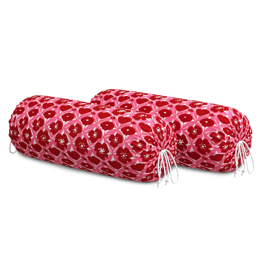 BLOCKS OF INDIA Cotton Hand Block Printed Bolster Cover | Booster Cover with Drawstring | Round Long Pillow Cover for Bed | Dewan Pillow Cover Set 16 X 32 | Set of 2 (RED Flower)