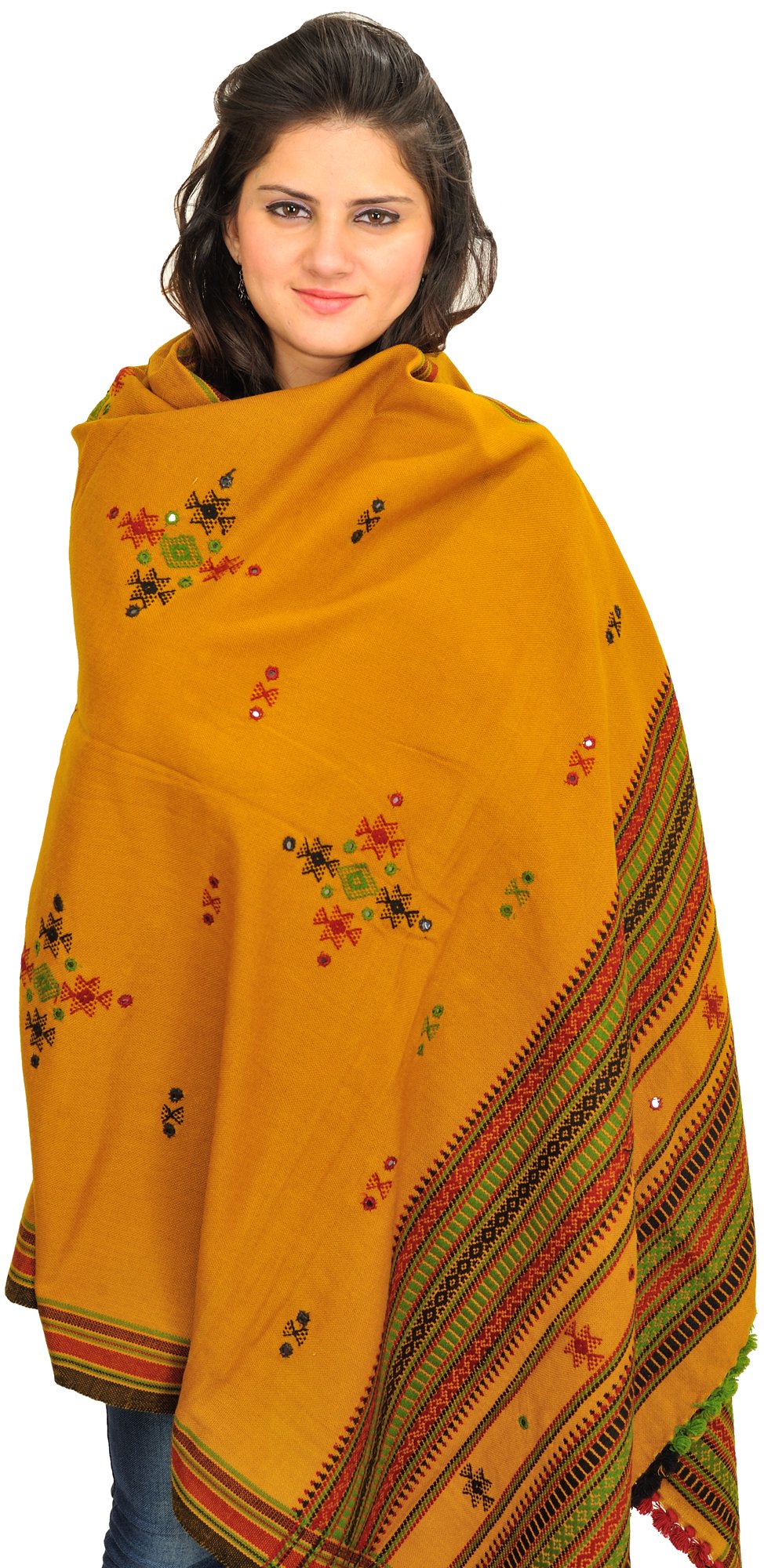 Exotic India Shawl from Kutch with Embroidered Bootis and Mirrors - Color Spruce YellowColor Free Size