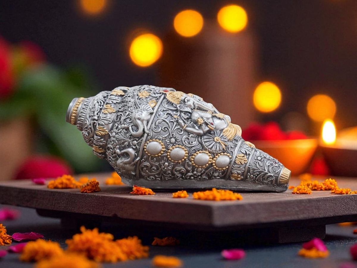 KridayKraft Decorative Lord Ganesha Shank, Silver -Toned, Conch Shell for Wealth, Prosperity and Good Luck Intricate Design, 12 (5) cm x 6 cm