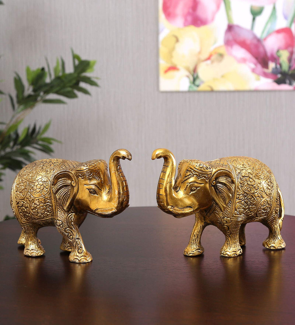 KridayKraft Metal Elephant Statue Small Size Gold Polish 2 pcs Set for Your Home,Office Table Decorative & Gift Article,Animal Showpiece Figurines...