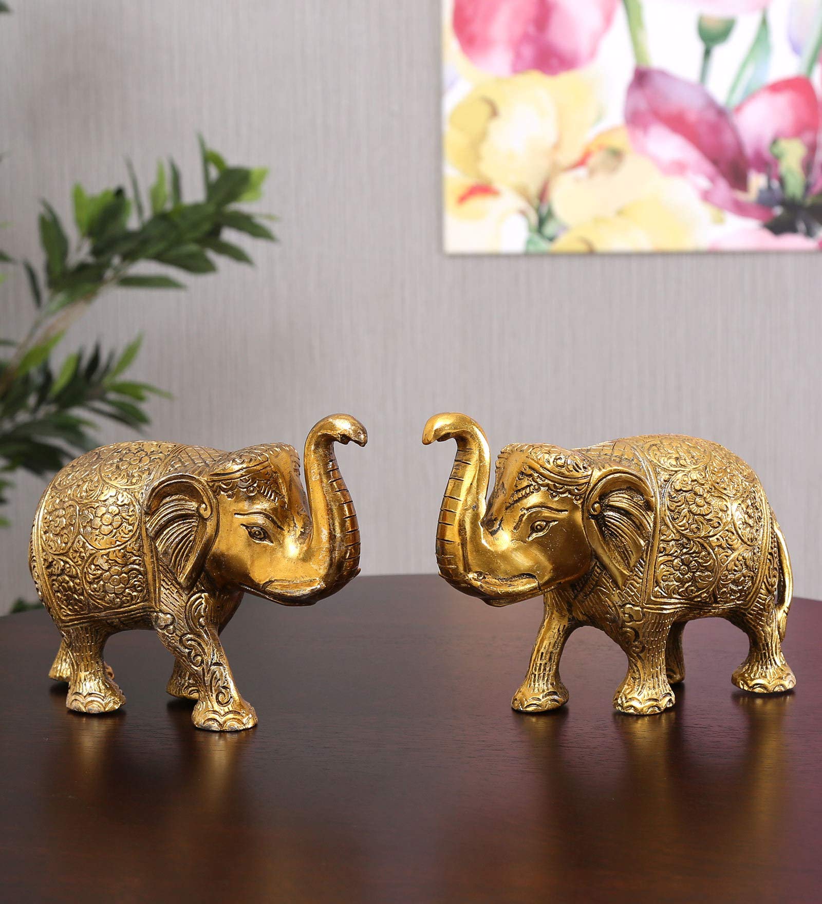 KridayKraft Metal Elephant Statue Small Size Gold Polish 2 pcs Set for Your Home,Office Table Decorative & Gift Article,Animal Showpiece Figurines...