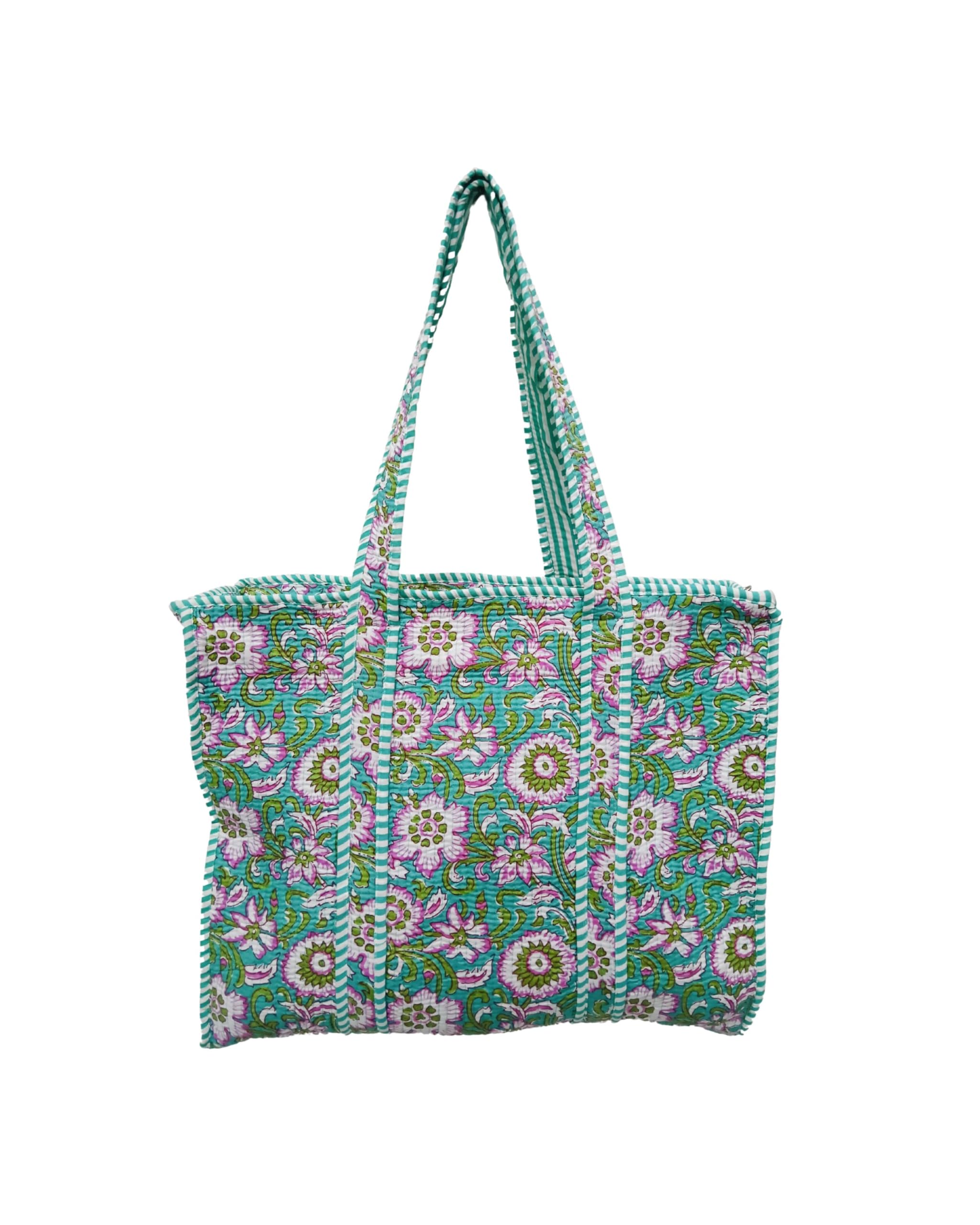 Doraya Cotton Printed Tote Bag,Hand Bag Multicolor Quilted Hand Block Floral Printed Women's Carry Bag Shoulder Shopping Tote Bags 18x5.5x16 Inch (Sea Green 2)