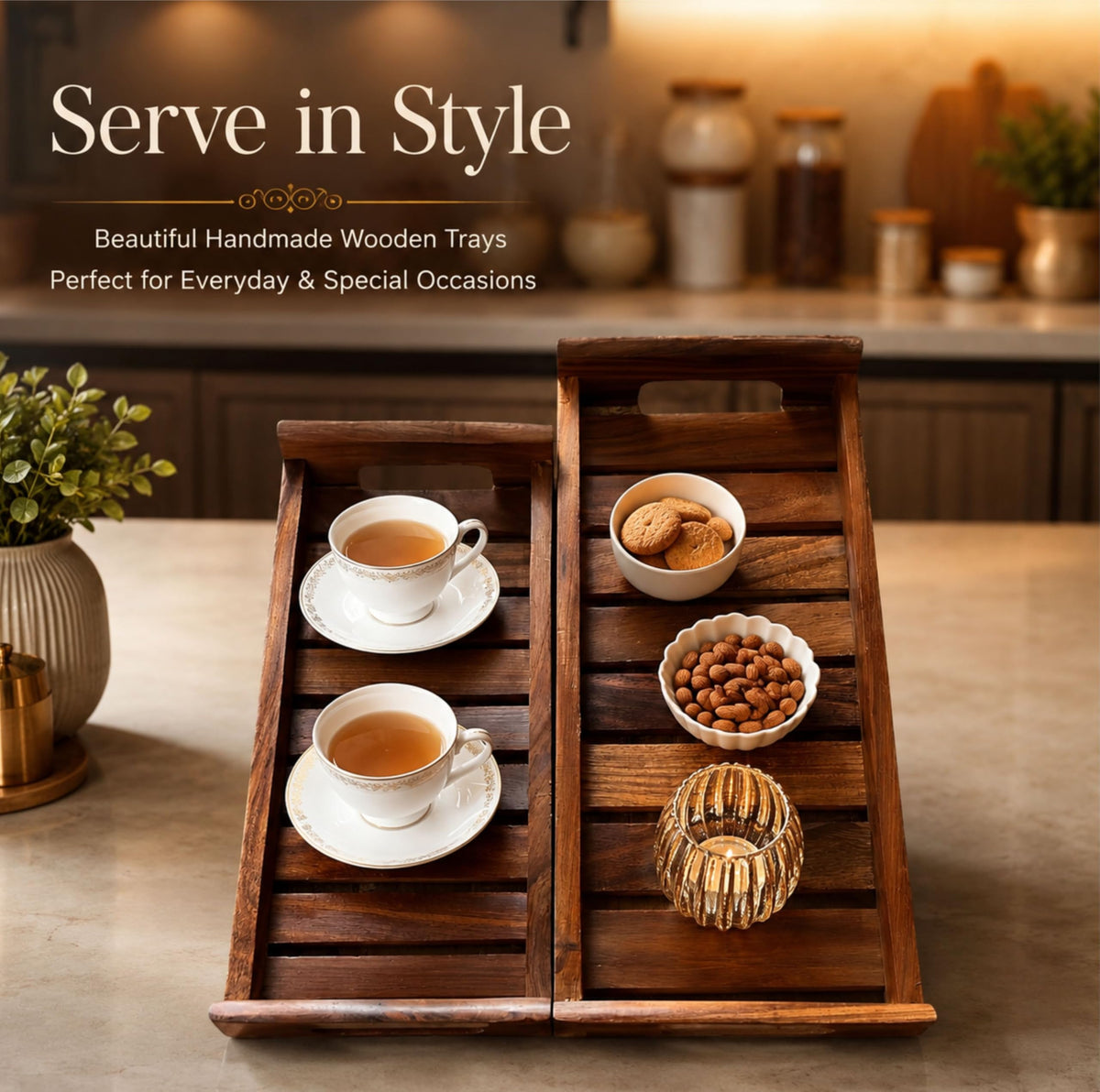 The Shilp Collective Sheesham Wood Serving Tray Set of 2 | Handmade Wooden Breakfast & Organizer Trays with Handles | Multipurpose Decorative Tray for Kitchen Dining Table & Home Décor