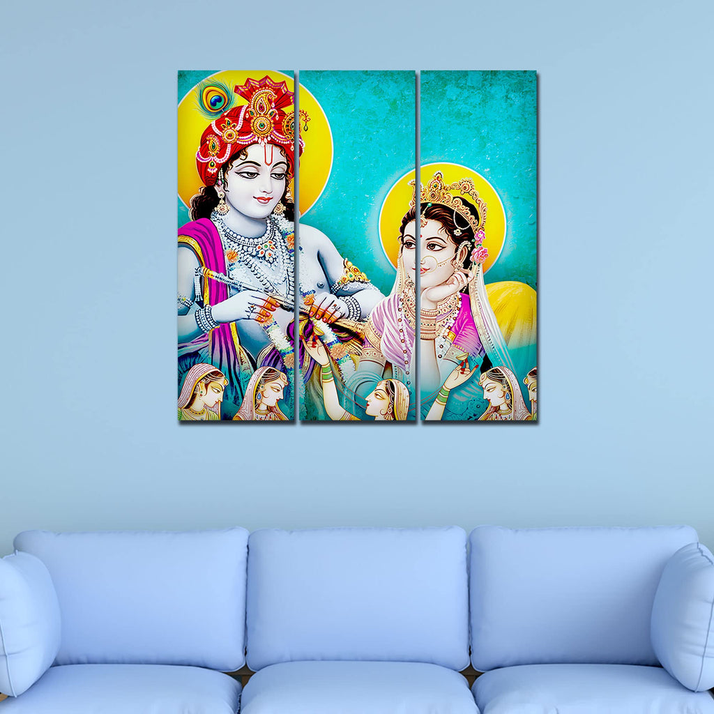 VIBECRAFTS Beautiful Radha Krishna 3 Pieces Canvas Wall Painting Fitted With Wooden Frame For Home | Office | Living Room | Gifts (PTVC3Pcs1_9541)