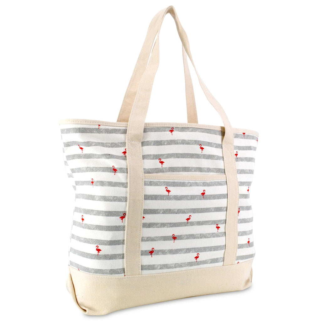 DALIX 22 Shopping Tote Bag in Heavy Cotton Canvas (Zippered Top) Gray Flamingo