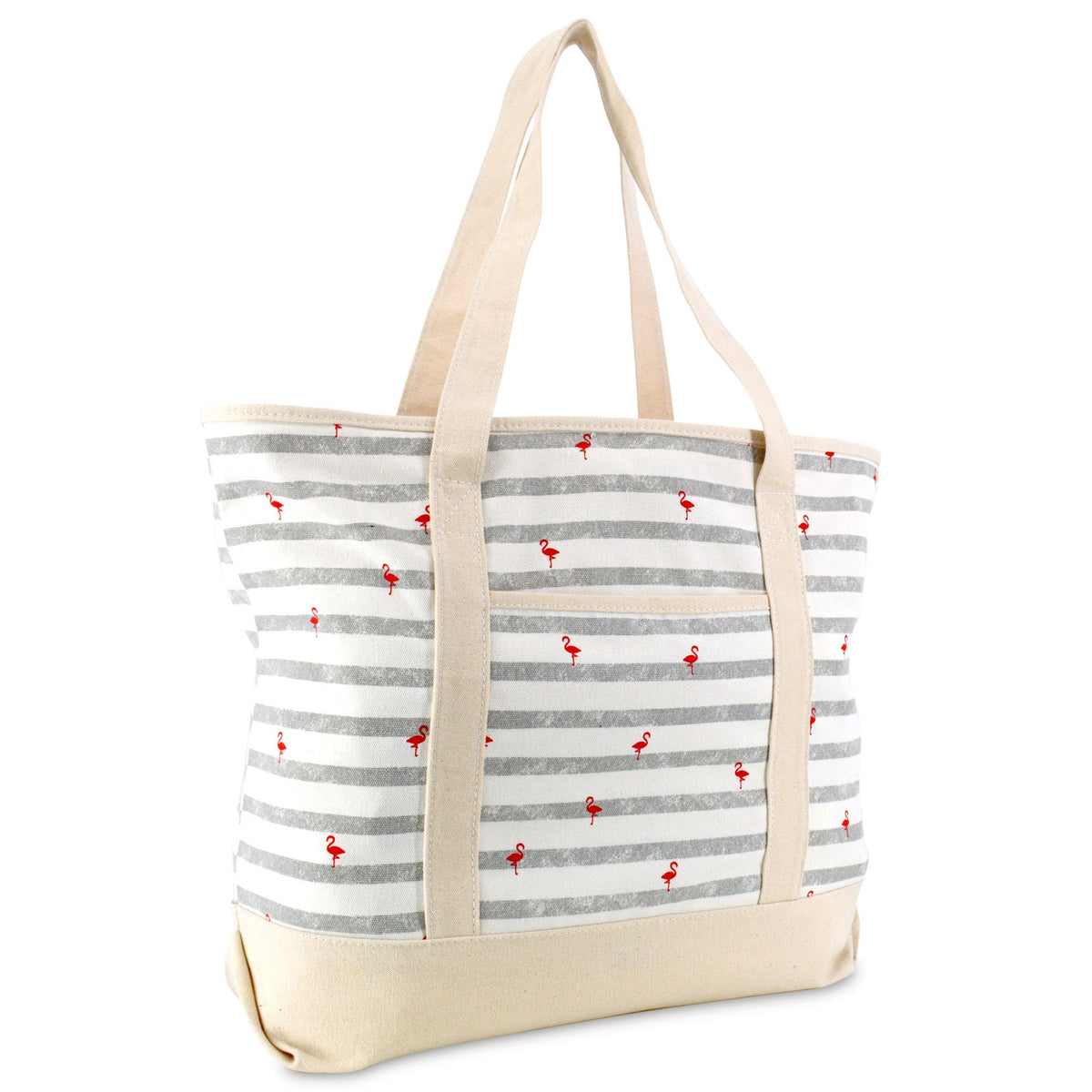 DALIX 22 Shopping Tote Bag in Heavy Cotton Canvas (Zippered Top) Gray Flamingo