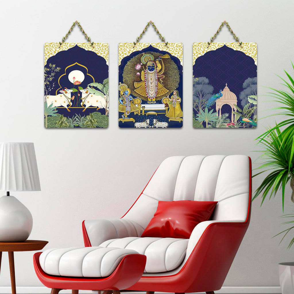 Artvibes Shreenathji & Sacred Cow Religious Art Wall Hanging Home Decorative Wall Art for Prosperity | Spiritual Decor | Wall Illustrations| Stylish Modern Decor Item | Gift Items (WH_9672N), Set of 3