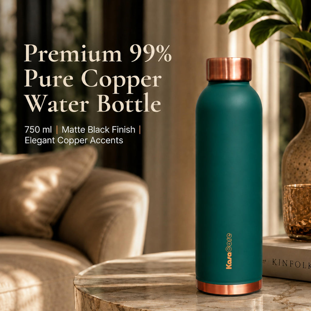 KasaCore Premium Copper Water Bottle 750 ml 99% Pure Copper | Leakproof Bottle with Matte Black Finish for Office Gym Travel Daily Use (Green)
