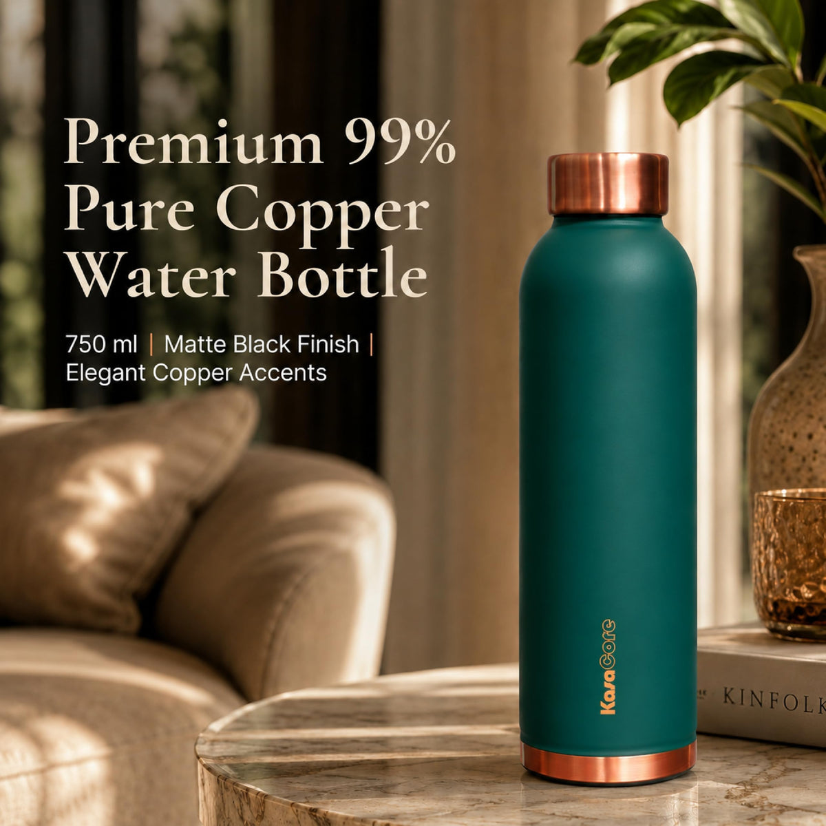 KasaCore Premium Copper Water Bottle 750 ml 99% Pure Copper | Leakproof Bottle with Matte Black Finish for Office Gym Travel Daily Use (Green)