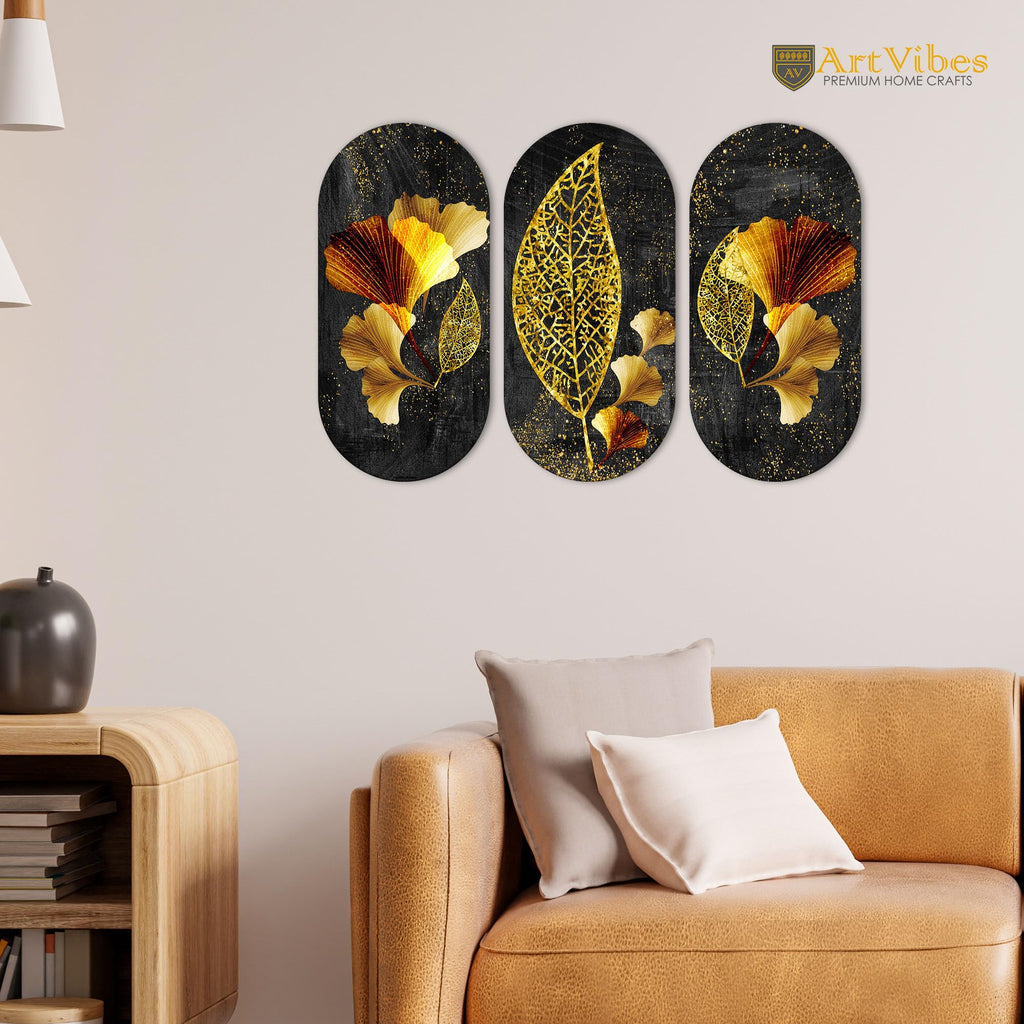 Artvibes Golden Leaf Auspicious Wooden Art Work Wall Hanging For Good Luck Properity Vastu | Spiritual Decor Items | Paintings | Wall Illustrations| Modern Decor Item | Ideal Gift (WH_9001N), Set of 3