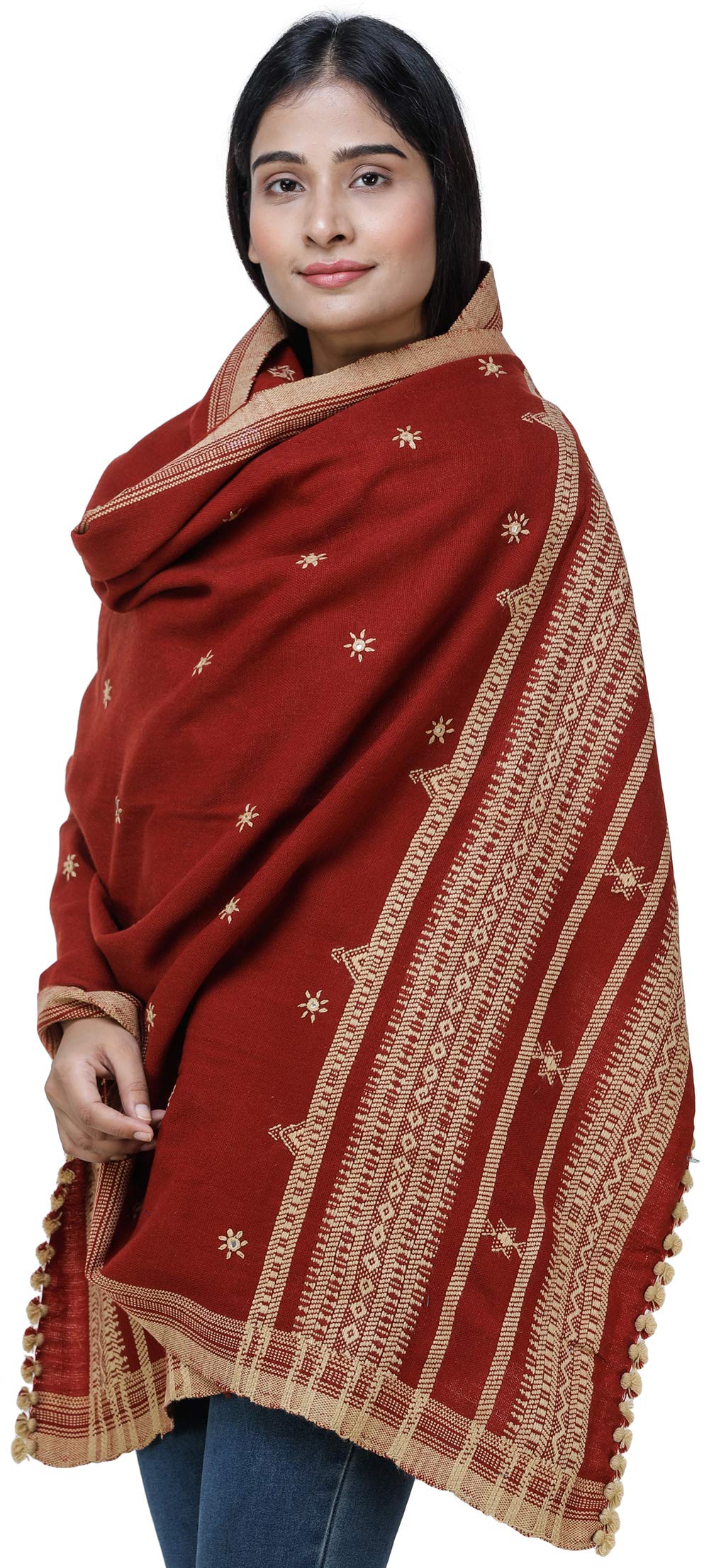 Exotic India Women's Kutch Wool Shawl (SHY72--mandarin-red)
