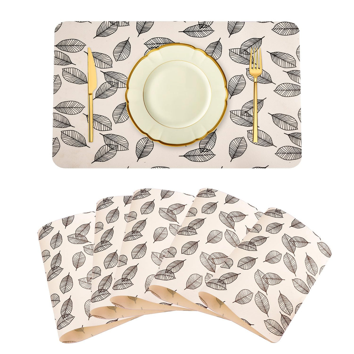 Kuber Industries Placemat | Placemats for Dining Room | Anti-Slip Table Mat Set | Dining Table Placemats | Leaf-Design Placemat | 6 Piece Set | Cream Kafalo