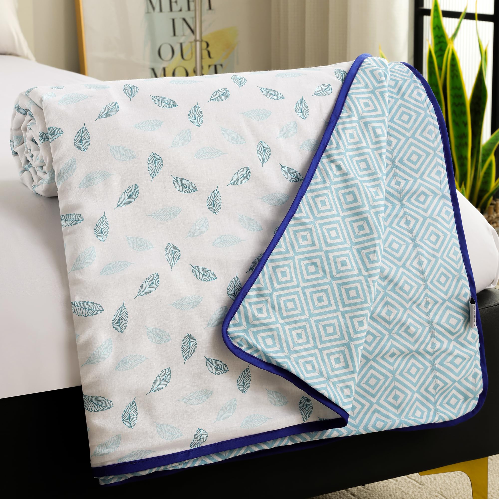 Story@Home Dohar Single Bed 100% Cotton AC Blanket for Summer | 144x 220CM, 150GSM Ac Comforter and AC Blanket for Summer | White & Sky Blue Leaf Pattern Duvet Reversible Quilt All-Season Blanket