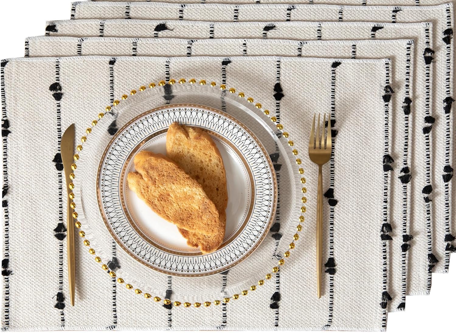 ALSTONIA Handmade Designer Cotton Dining Table Placemats | Heat Resistant Dining Table Place Mats |Kitchen Tabletop|Kitchen Coffee Center Table & Eating Areas (Black & White, 4 Pcs Placemats) Kafalo