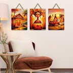 Artvibes Desert Sunset & Village Life Traditional Indian Modern Traditional Indian Art Wooden Art Decoration Item for Living Room | Home Decor | Wall Illustrations | Ideal Gifts (WH_9635N), Set of 3