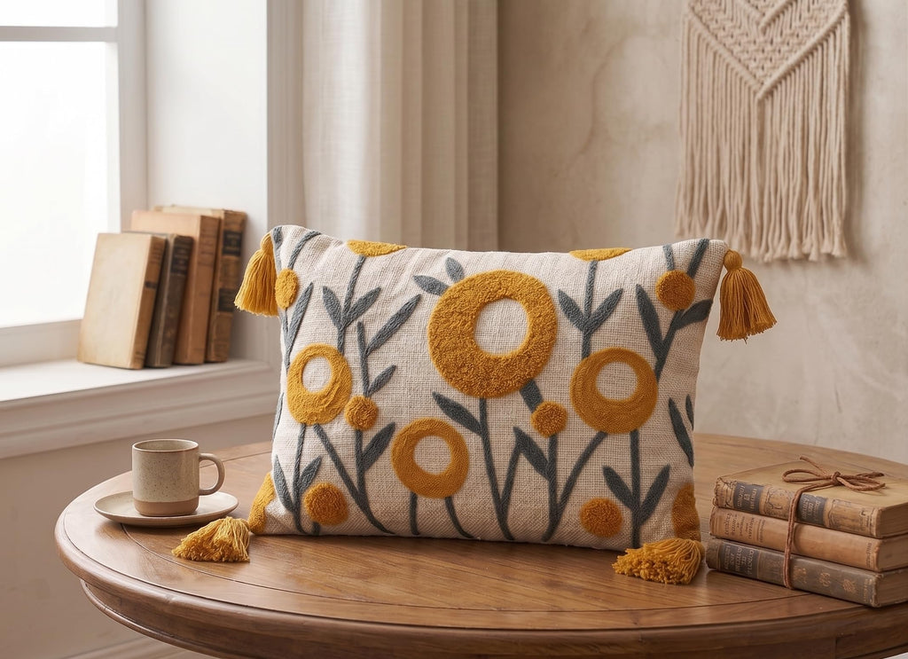 Furnistitchs Boho Rectangle Cushion Cover 12x20 inches | Handmade Decorative Throw Pillow Case | Bohemian Home Decor Sofa Bed Cushion Cover Living Room Bedroom (2, Yellow Oval, 12x20 inches)