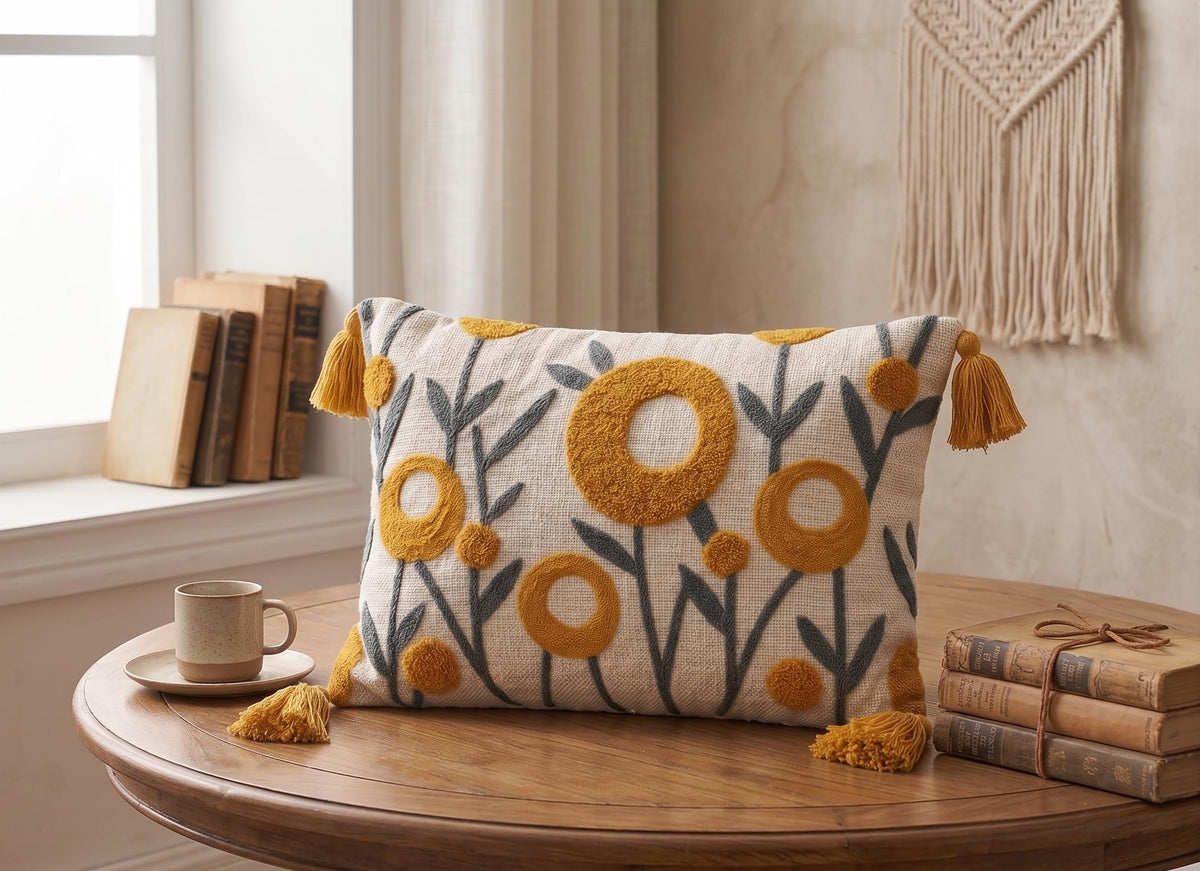 Furnistitchs Boho Rectangle Cushion Cover 12x20 inches | Handmade Decorative Throw Pillow Case | Bohemian Home Decor Sofa Bed Cushion Cover Living Room Bedroom (2, Yellow Oval, 12x20 inches)
