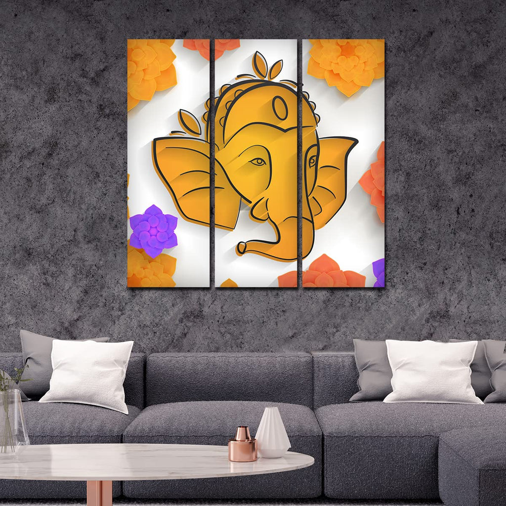VIBECRAFTS Shree Ganesha Face 3 Pieces Canvas Wall Painting Fitted With Wooden Frame For Home | Office | Living Room | Gifts (PTVC3Pcs1_9562)
