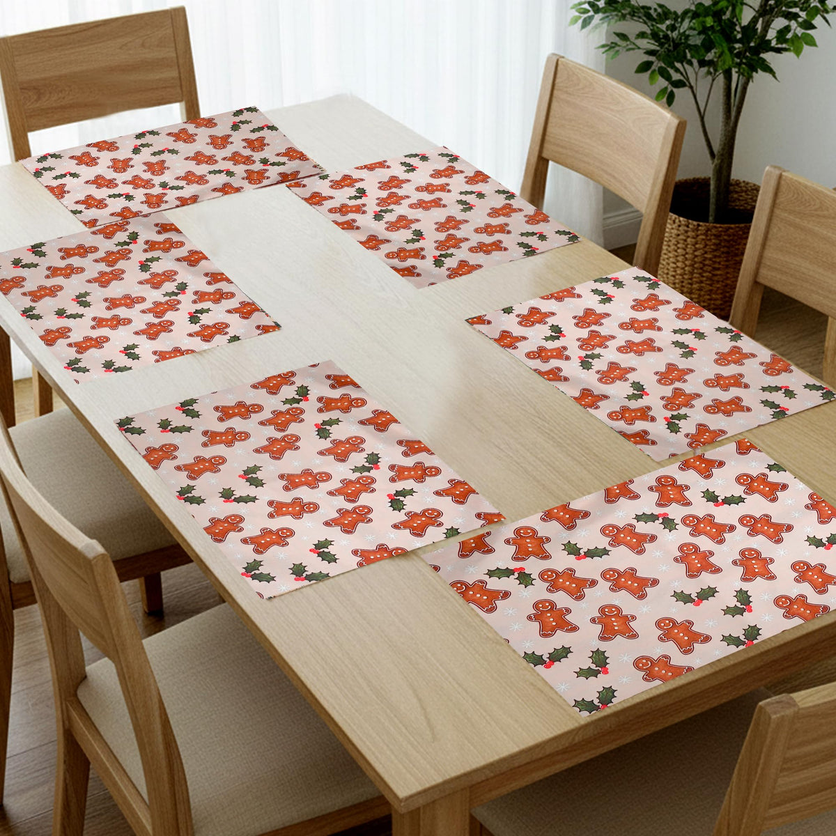 PRAKARTIK BY INDUARTS Dining Table Mats Set of 6 - Gingerbread Man Theme,Digital Print, Washable, Indoor/Outdoor, Heat-Proof, Wipe & Clean (47X33 cm) Cream & Brown Kafalo