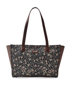 ZOUK Chittoor Blue Kalamkari Motif Printed Jute Handcrafted Vegan Leather Women's Blue Structured Tote Bag Contemporary