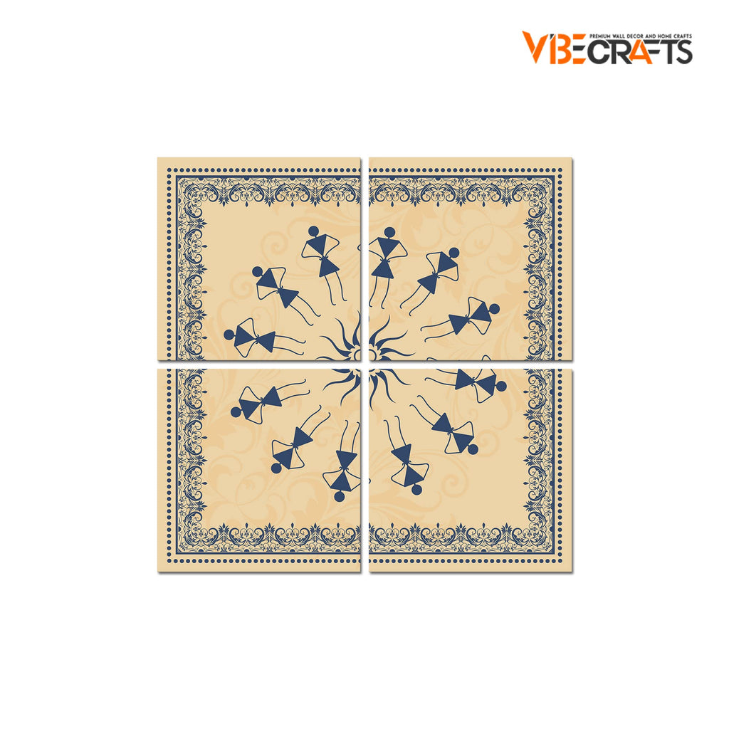 VIBECRAFTS 4 Pieces Warli Art Canvas Wall Hanging Painting Fitted With Wooden Frame For Home | Office | Living Room | Gifts (PTVC4Pcs5_16605)