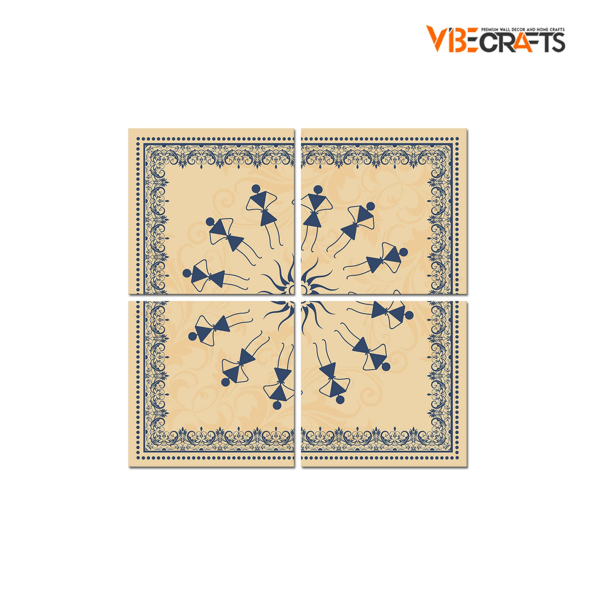 VIBECRAFTS 4 Pieces Warli Art Canvas Wall Hanging Painting Fitted With Wooden Frame For Home | Office | Living Room | Gifts (PTVC4Pcs5_16605)