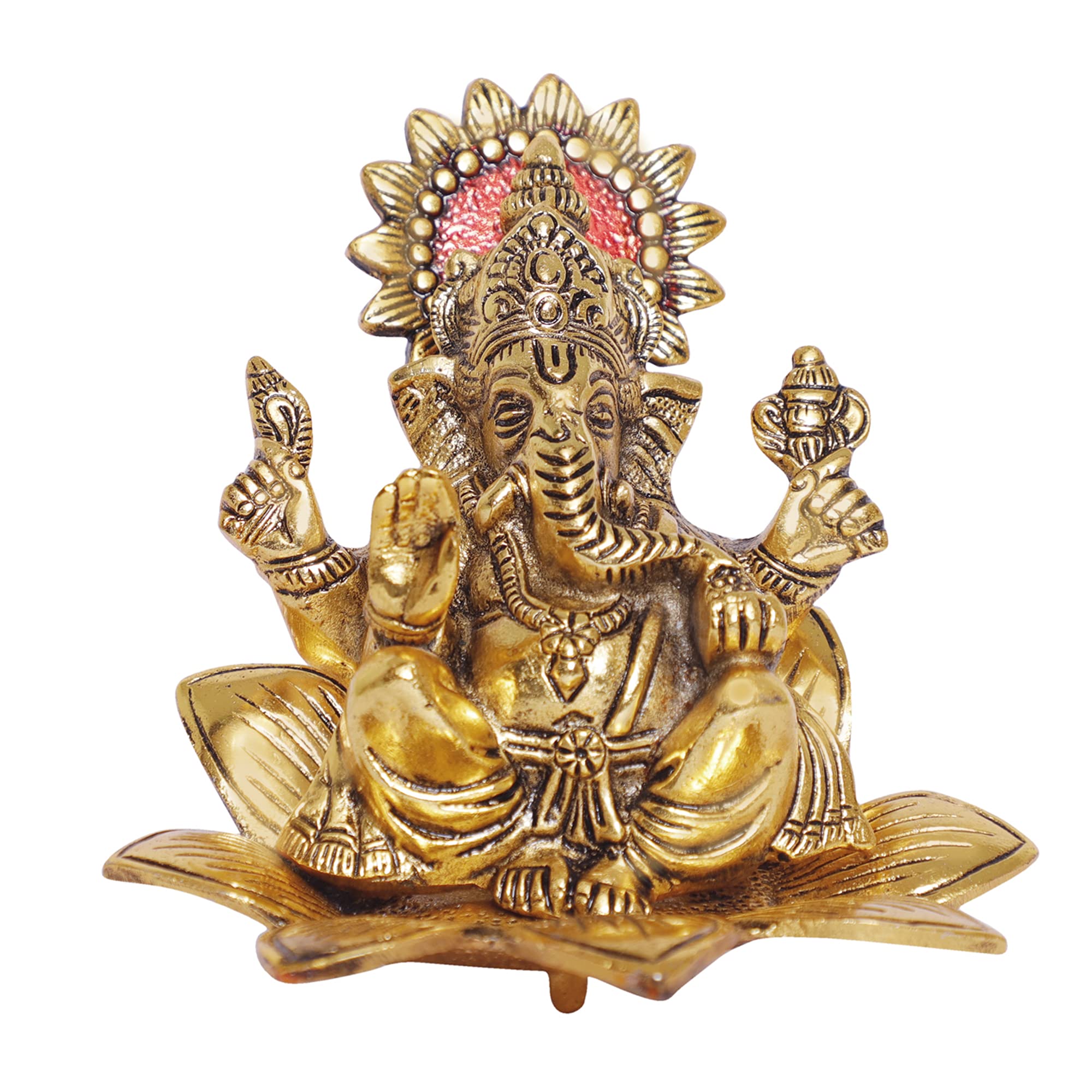 KridayKraft Metal Ganesh Sit On Flower Gold Color Leaf for Pooja,Home,Office Decorative for Table and Gift for Have House Warming Anniversaries, Birthday, Wedding Gifts
