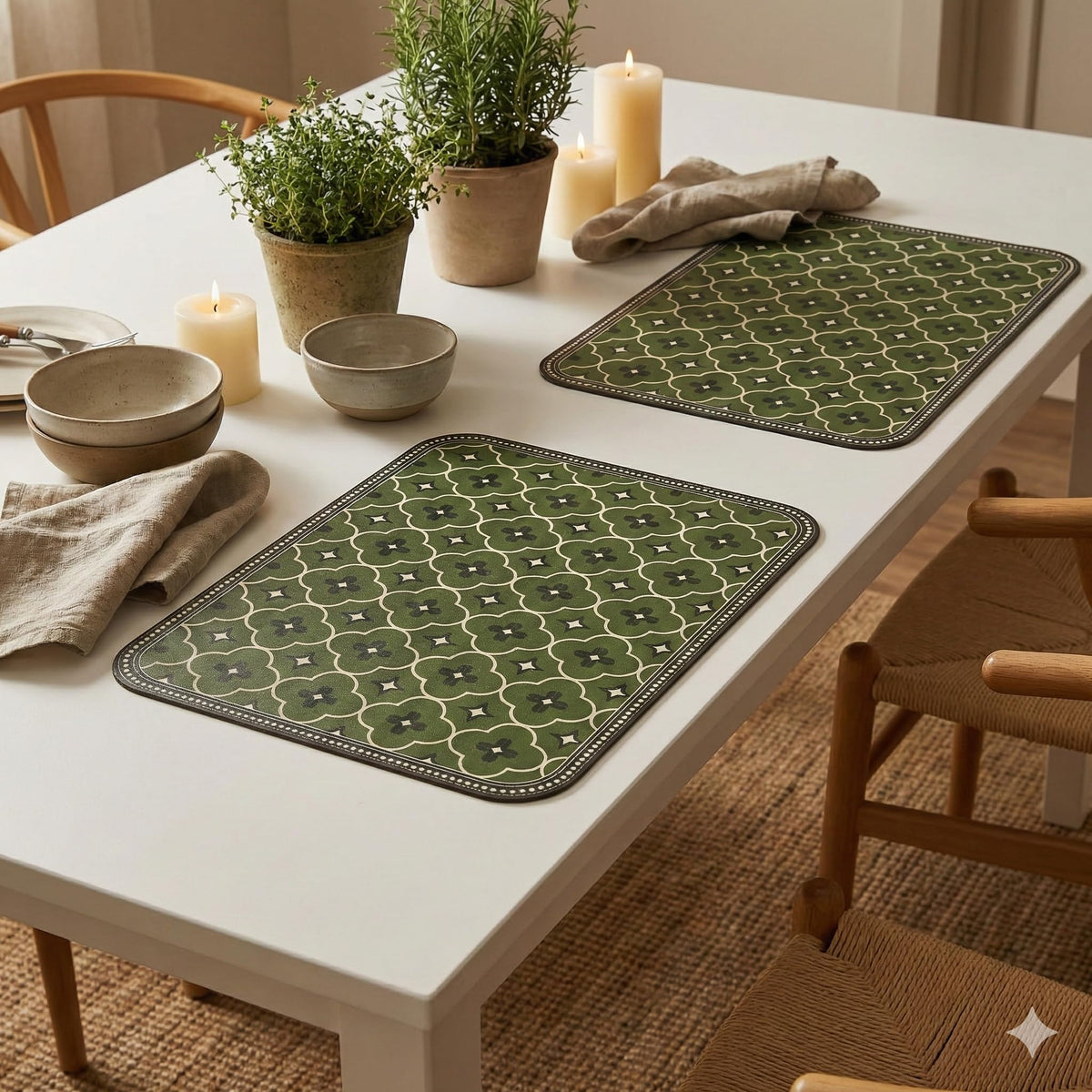Upaado Leather Dining Table Placemat with Moroccan Design - Pack of 2 | Heat Resistant, Waterproof, Non-Slip Table Mat for Kitchen Dining Table, PU Leather Mat for Table Protection (Seaweed Green) Kafalo