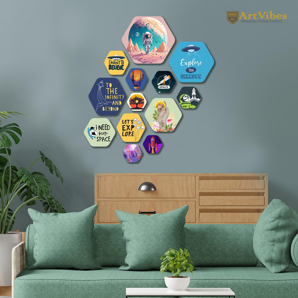 Artvibes Space theme Quote Decorative Hexagon Shape MDF Wooden Wall Hanging | Quotes Decor Item | Wall Poster | Office Decor | Inspirational Quotes Wall Art | Gift Items (WPS_208N), Set of 13