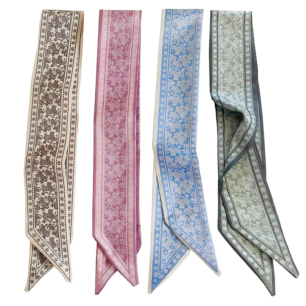 Flavizo 4PCS Silk Satin Scarves for Women, Boho Headband Hair Tie Twilly Bandana Scarf, Small Purse and Tote Bag Scarves, Multifunctional Fashion Hair Accessories